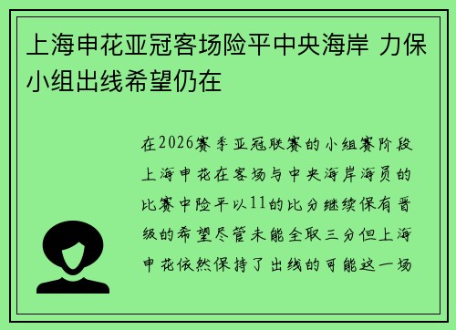 上海申花亚冠客场险平中央海岸 力保小组出线希望仍在
