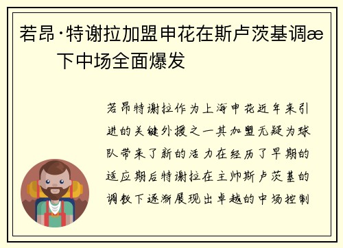 若昂·特谢拉加盟申花在斯卢茨基调教下中场全面爆发